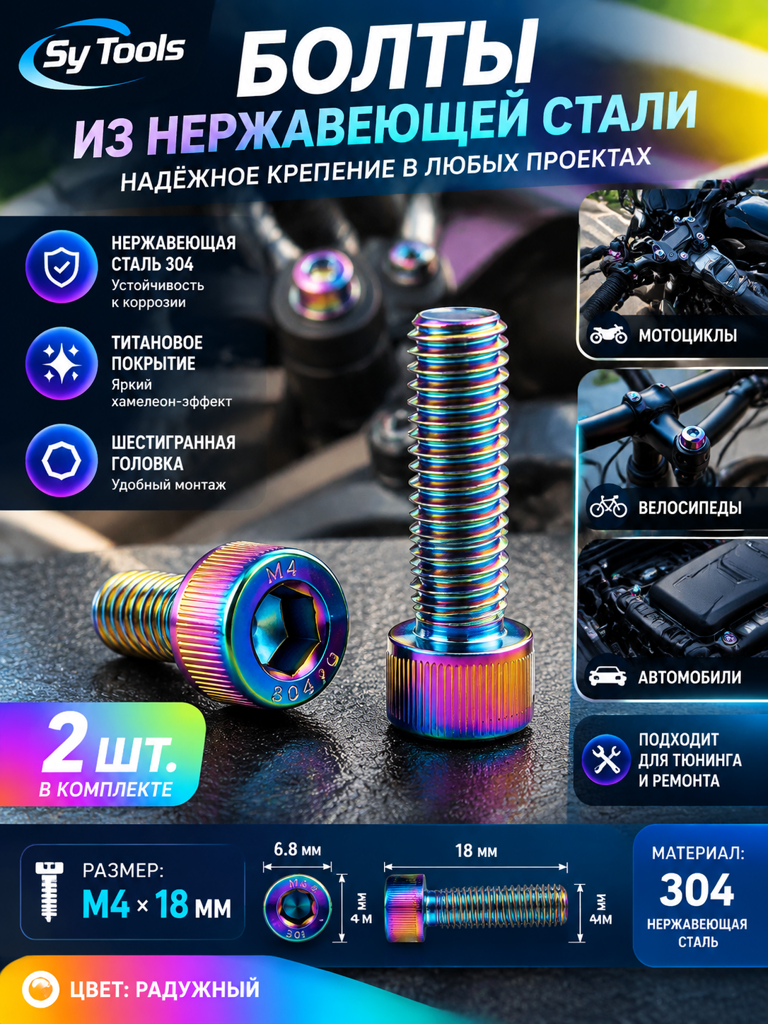 Титановый болт для велосипеда и мотоцикла M4×18 мм радужный титан