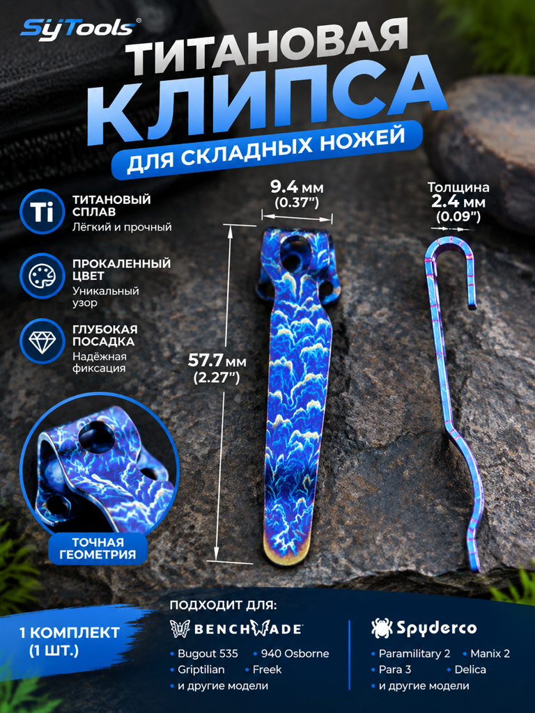 Титановая клипса для складного ножа синий