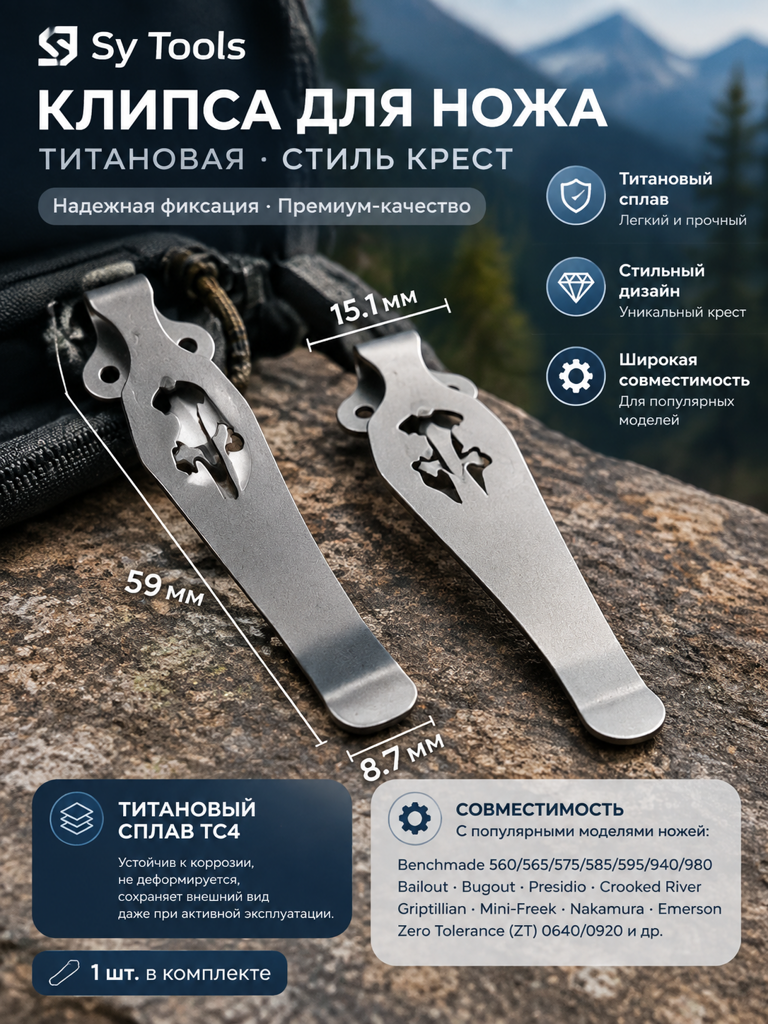 Титановая клипса для складного ножа натуральный титан