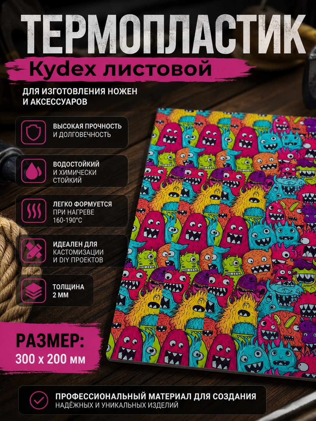 Термопластиковый лист Kydex 300 × 200 × 2 Monsters / Colorful